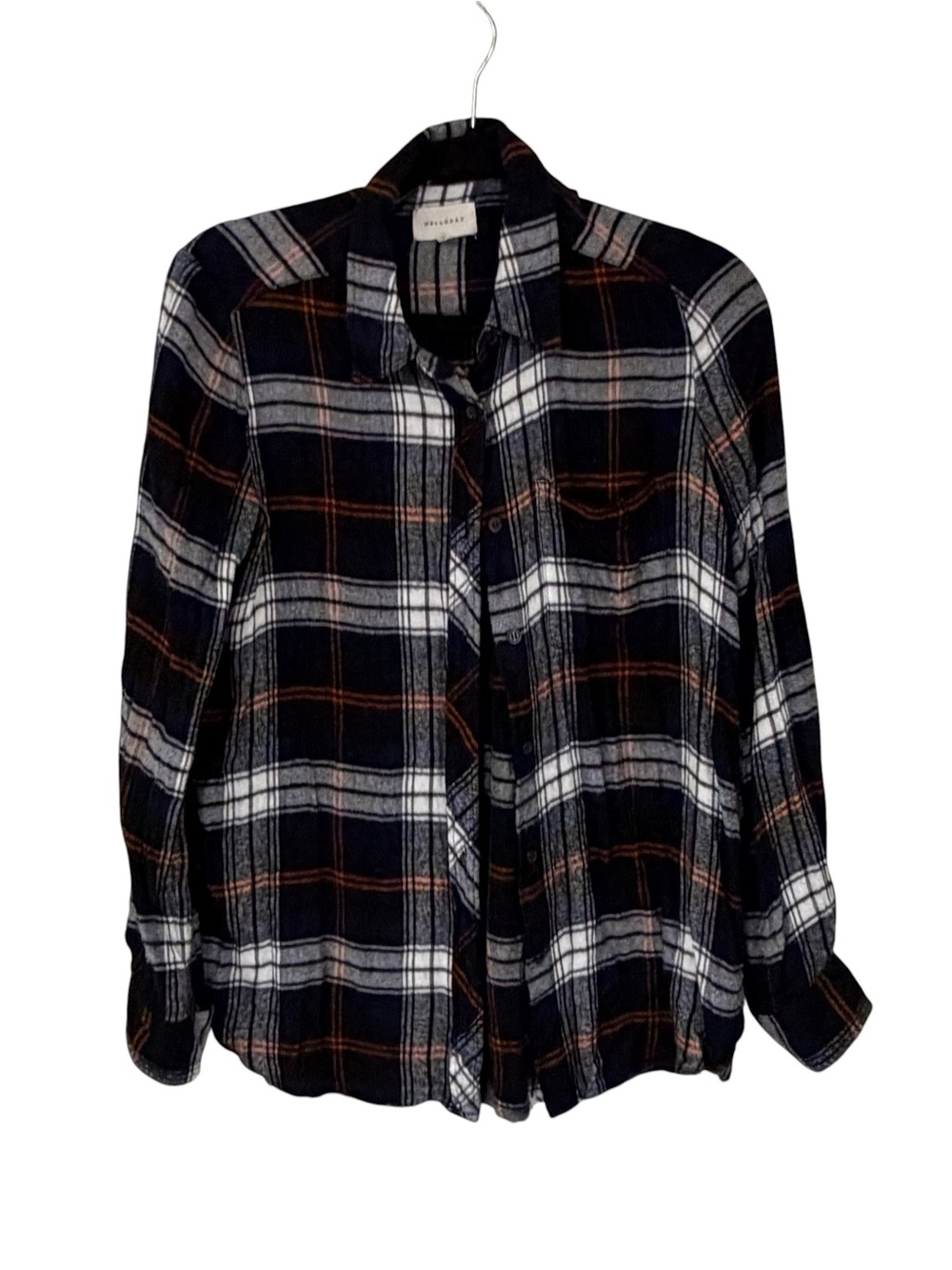 MELLODAY Black White Plaid Button-Down Shirt with Rust Accents
